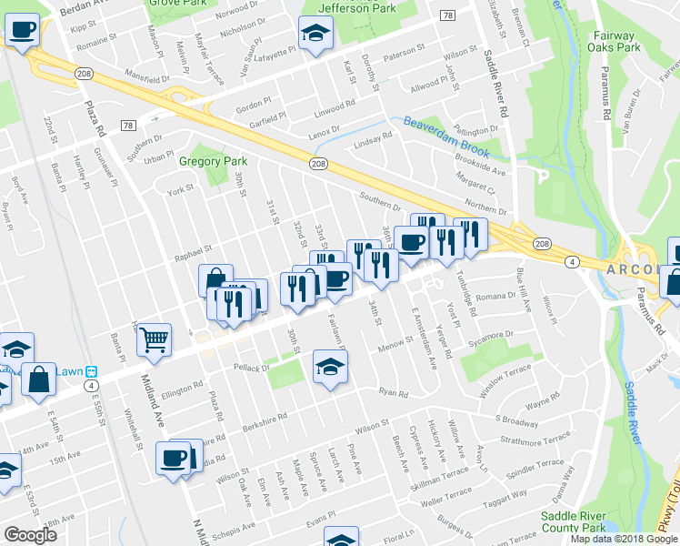 map of restaurants, bars, coffee shops, grocery stores, and more near 1-26 34th Street in Fair Lawn