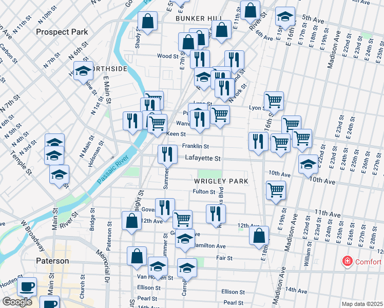 map of restaurants, bars, coffee shops, grocery stores, and more near 88 Franklin Street in Paterson