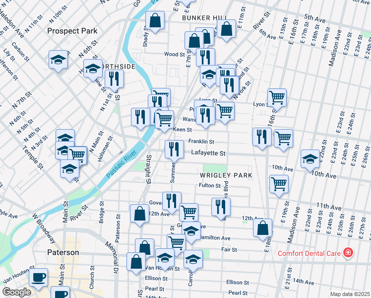 map of restaurants, bars, coffee shops, grocery stores, and more near 65 Lafayette Street in Paterson