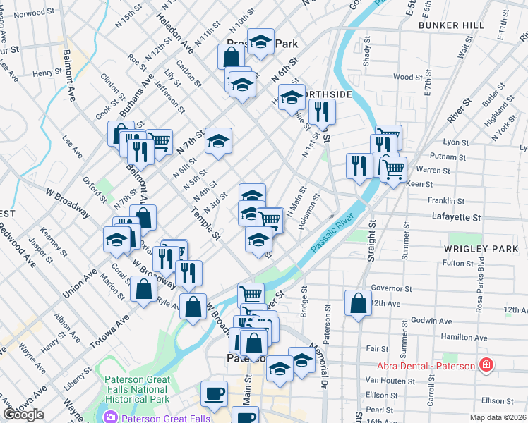map of restaurants, bars, coffee shops, grocery stores, and more near 70 Jefferson Street in Paterson
