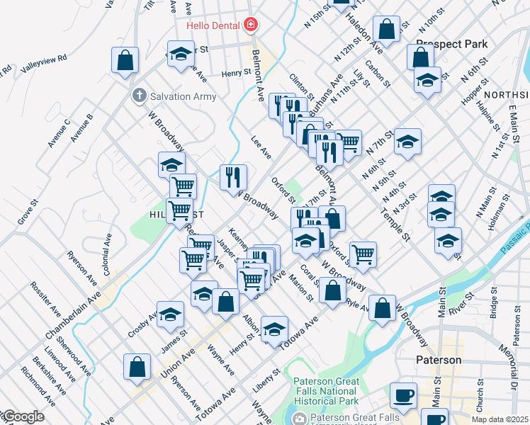 map of restaurants, bars, coffee shops, grocery stores, and more near 323 West Broadway in Paterson