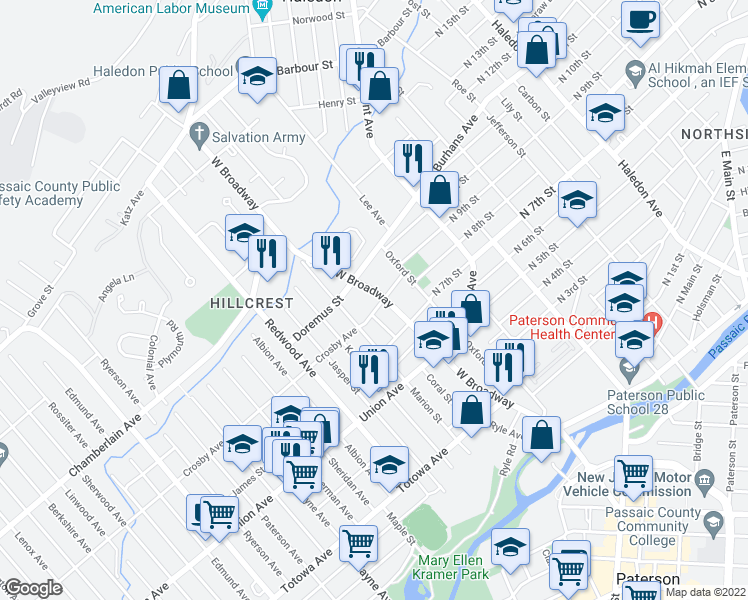 map of restaurants, bars, coffee shops, grocery stores, and more near 323 West Broadway in Paterson