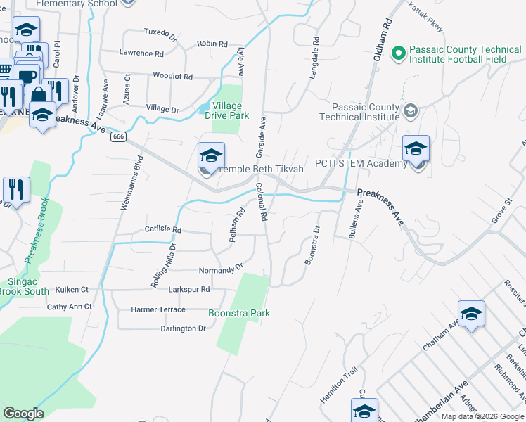 map of restaurants, bars, coffee shops, grocery stores, and more near 73 Colonial Road in Wayne