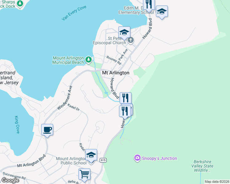 map of restaurants, bars, coffee shops, grocery stores, and more near 358 Howard Boulevard in Mount Arlington