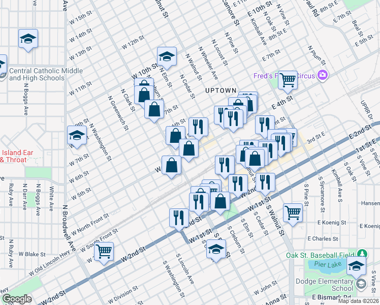 map of restaurants, bars, coffee shops, grocery stores, and more near 400 North Cleburn Street in Grand Island