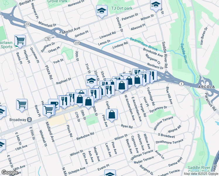 map of restaurants, bars, coffee shops, grocery stores, and more near 1-26 34th Street in Fair Lawn
