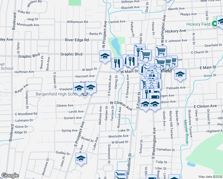 map of restaurants, bars, coffee shops, grocery stores, and more near 18 Roosevelt Avenue in Bergenfield