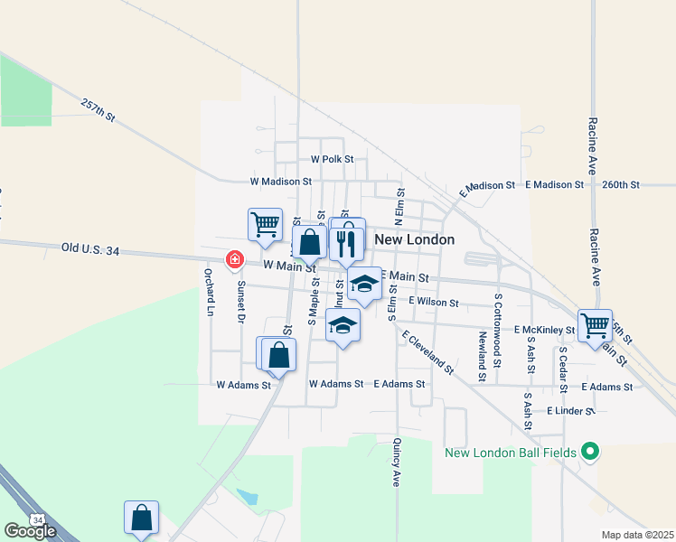 map of restaurants, bars, coffee shops, grocery stores, and more near 252 West Main Street in New London