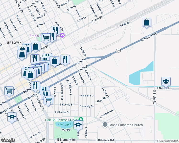 map of restaurants, bars, coffee shops, grocery stores, and more near 614 East Division Street in Grand Island