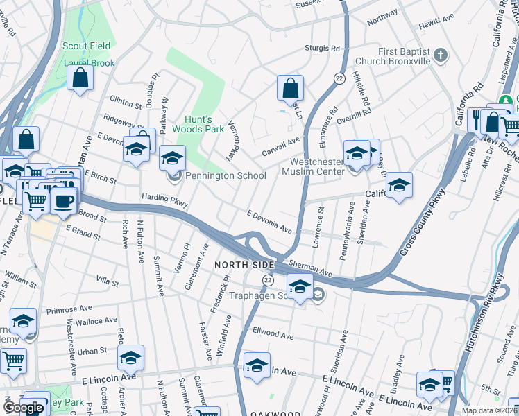 map of restaurants, bars, coffee shops, grocery stores, and more near 15 Rockridge Road in Mount Vernon