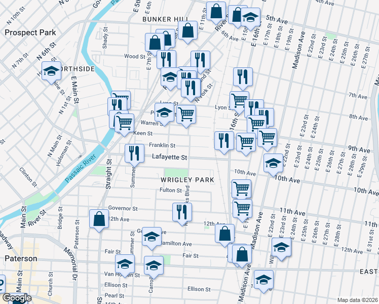 map of restaurants, bars, coffee shops, grocery stores, and more near 79 Rosa Parks Boulevard in Paterson