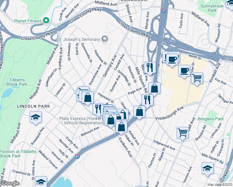 map of restaurants, bars, coffee shops, grocery stores, and more near 23 Gleeson Place in Yonkers