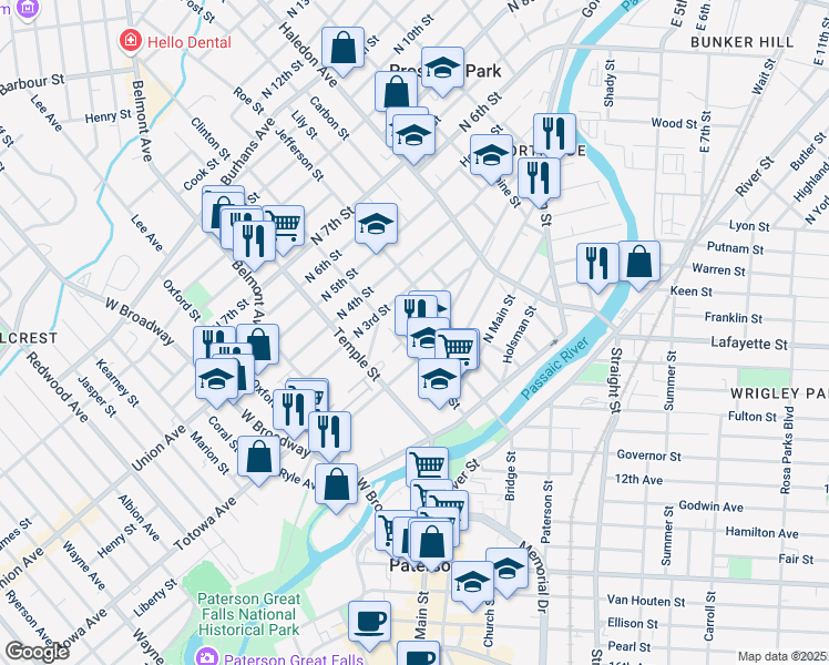 map of restaurants, bars, coffee shops, grocery stores, and more near 75 Arch Street in Paterson