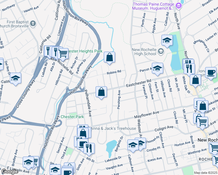 map of restaurants, bars, coffee shops, grocery stores, and more near 267 Eastchester Road in New Rochelle
