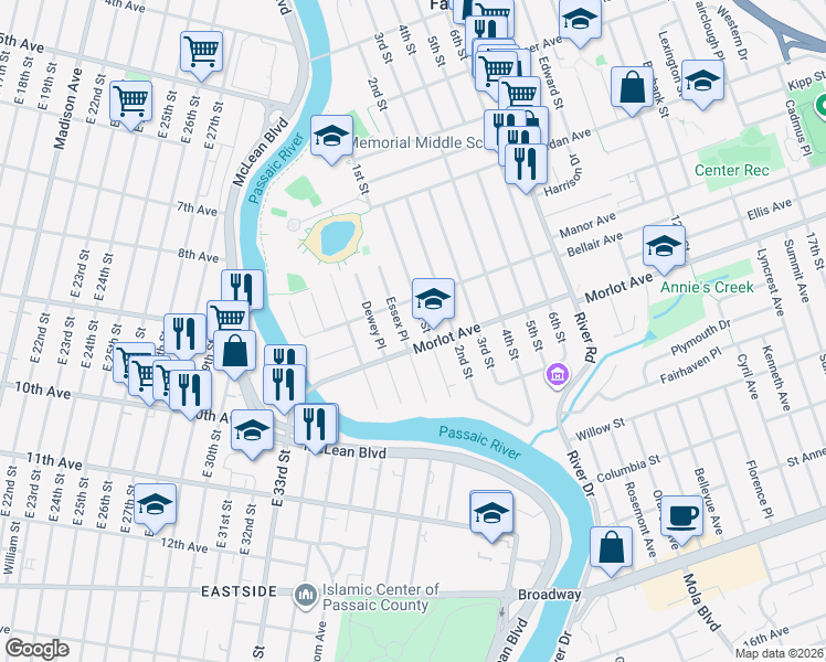 map of restaurants, bars, coffee shops, grocery stores, and more near 6-13 Essex Place in Fair Lawn