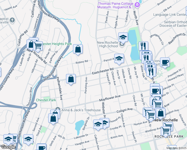 map of restaurants, bars, coffee shops, grocery stores, and more near 216 Eastchester Road in New Rochelle