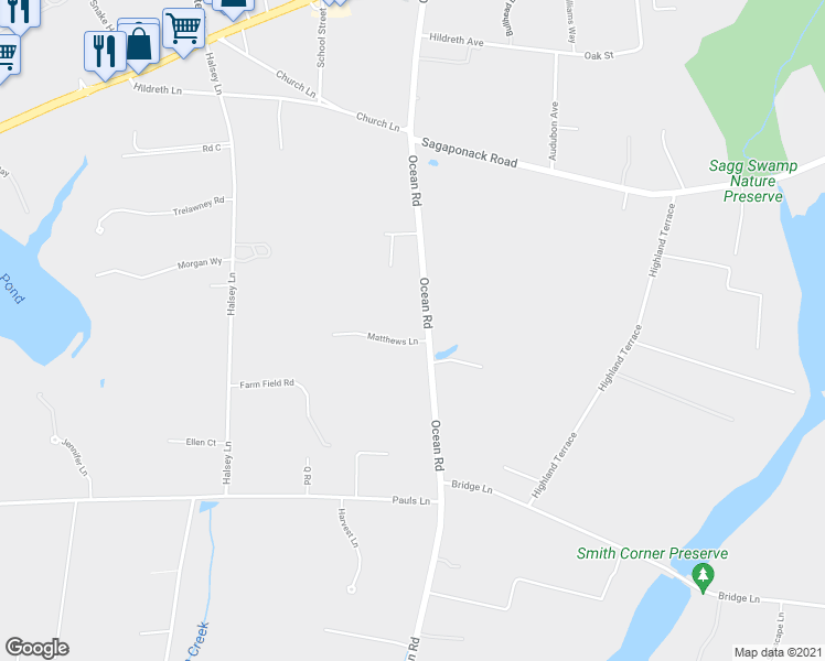 map of restaurants, bars, coffee shops, grocery stores, and more near 426 Ocean Road in Bridgehampton