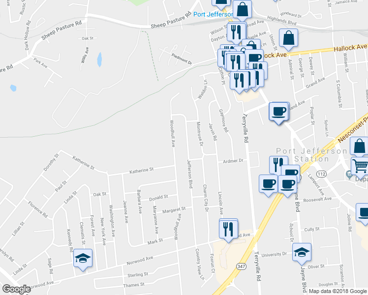map of restaurants, bars, coffee shops, grocery stores, and more near 18 Jefferson Boulevard in Port Jefferson Station