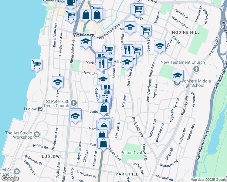 map of restaurants, bars, coffee shops, grocery stores, and more near 12 Bright Place in Yonkers