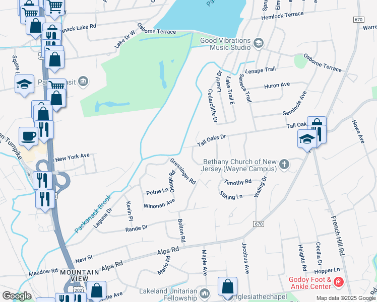 map of restaurants, bars, coffee shops, grocery stores, and more near 123 Tall Oaks Drive in Wayne