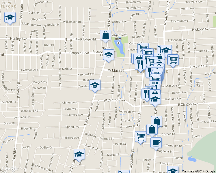 map of restaurants, bars, coffee shops, grocery stores, and more near 19 Sunset Pl in Bergenfield