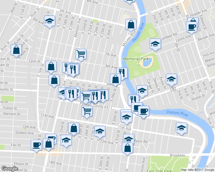 map of restaurants, bars, coffee shops, grocery stores, and more near 318 East 28th Street in Paterson
