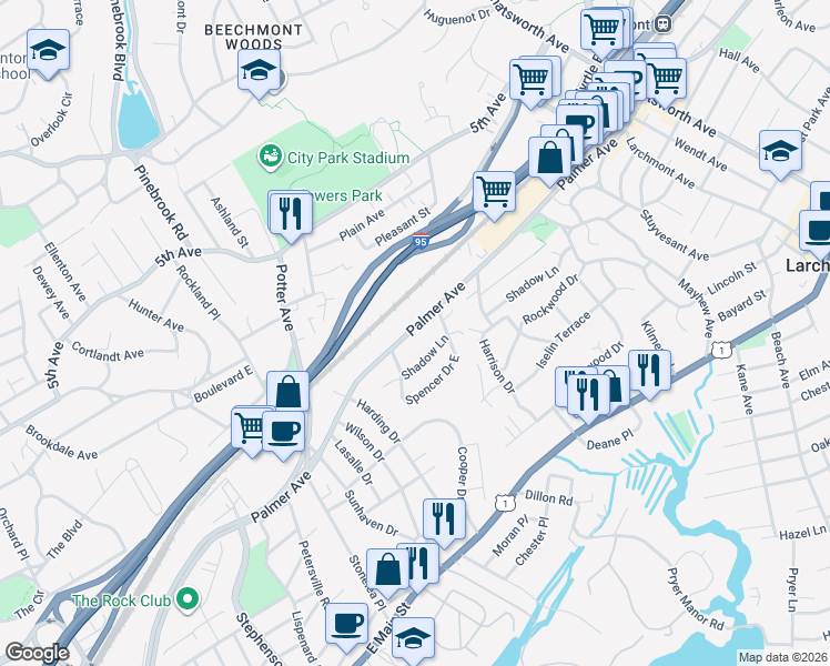 map of restaurants, bars, coffee shops, grocery stores, and more near 2241 Palmer Avenue in New Rochelle
