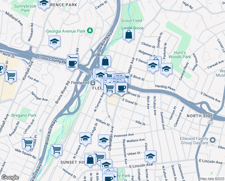 map of restaurants, bars, coffee shops, grocery stores, and more near in The Bronx