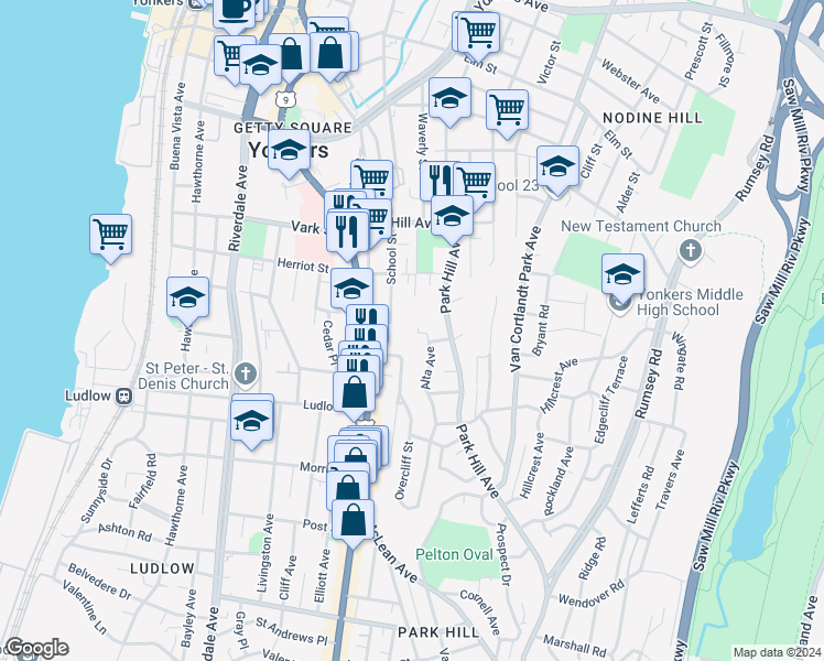map of restaurants, bars, coffee shops, grocery stores, and more near 12 Bright Place in Yonkers