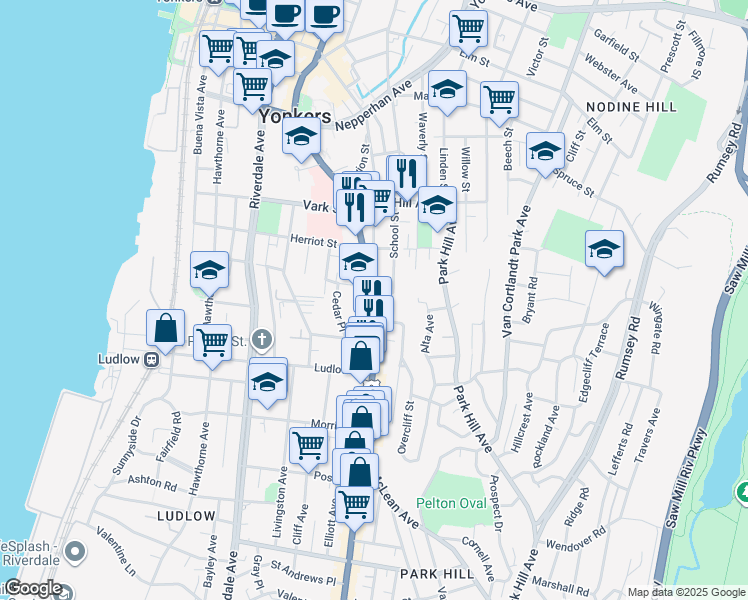 map of restaurants, bars, coffee shops, grocery stores, and more near 20 Cedar Place in Yonkers