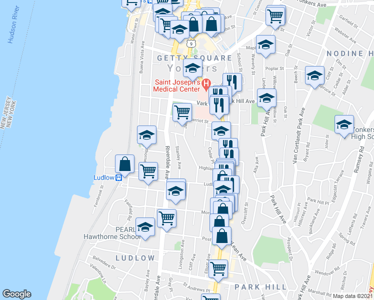 map of restaurants, bars, coffee shops, grocery stores, and more near 96 Highland Avenue in Yonkers
