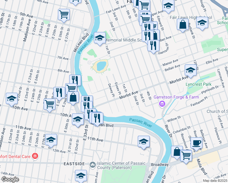 map of restaurants, bars, coffee shops, grocery stores, and more near 709 Dewey Place in Fair Lawn