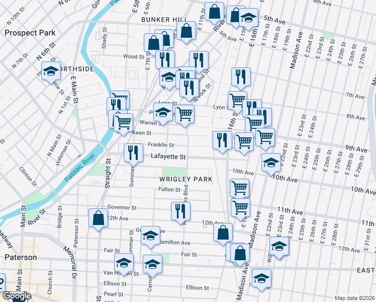 map of restaurants, bars, coffee shops, grocery stores, and more near 79 Rosa Parks Boulevard in Paterson