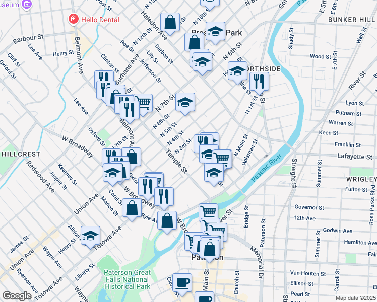 map of restaurants, bars, coffee shops, grocery stores, and more near 68-74 North 3rd Street in Paterson