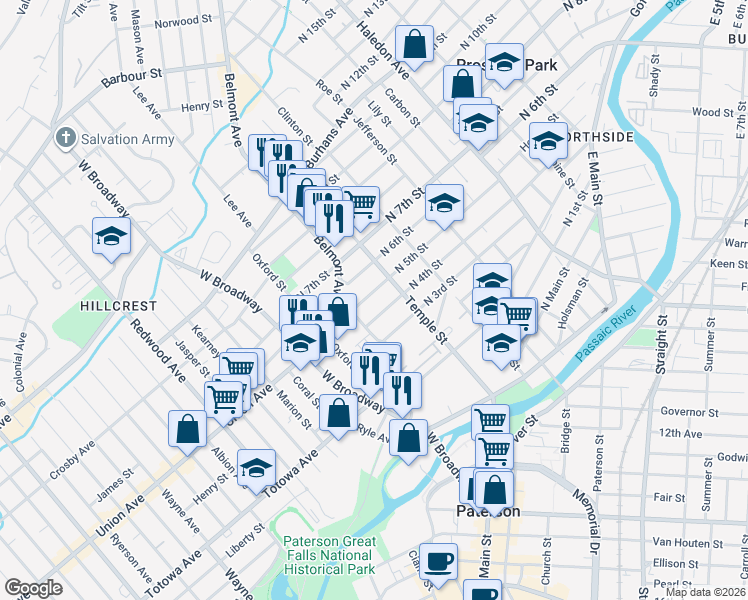 map of restaurants, bars, coffee shops, grocery stores, and more near 20 North 5th Street in Paterson