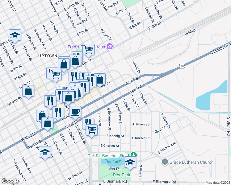 map of restaurants, bars, coffee shops, grocery stores, and more near 308-316 Lincoln Highway in Grand Island