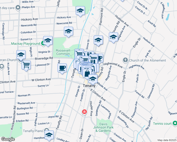 map of restaurants, bars, coffee shops, grocery stores, and more near 20 West Railroad Avenue in Tenafly