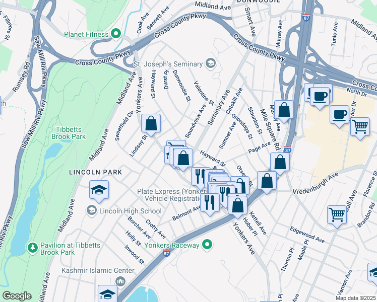 map of restaurants, bars, coffee shops, grocery stores, and more near 35 Seminary Avenue in Yonkers