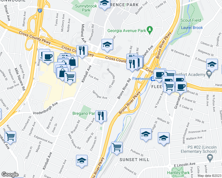 map of restaurants, bars, coffee shops, grocery stores, and more near 1360 Midland Avenue in Bronxville
