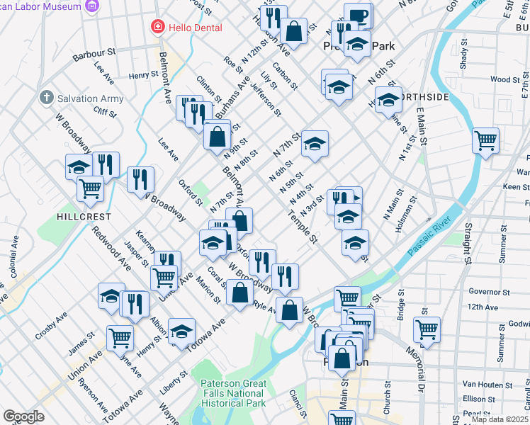 map of restaurants, bars, coffee shops, grocery stores, and more near 20 North 5th Street in Paterson