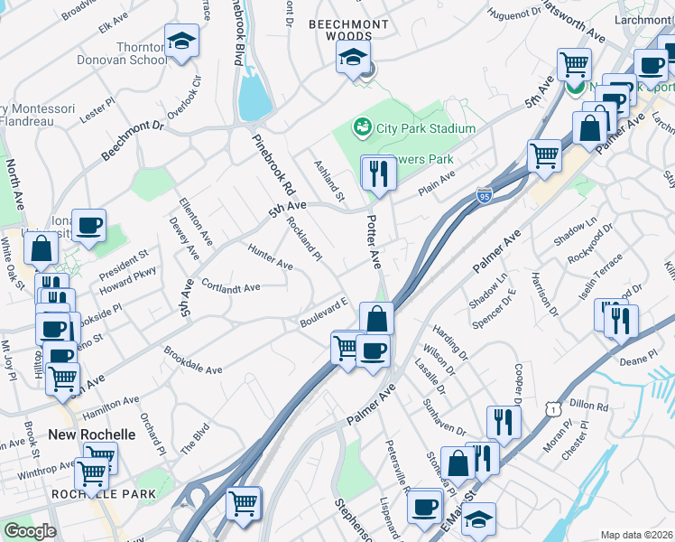 map of restaurants, bars, coffee shops, grocery stores, and more near 90 Rockland Place in New Rochelle
