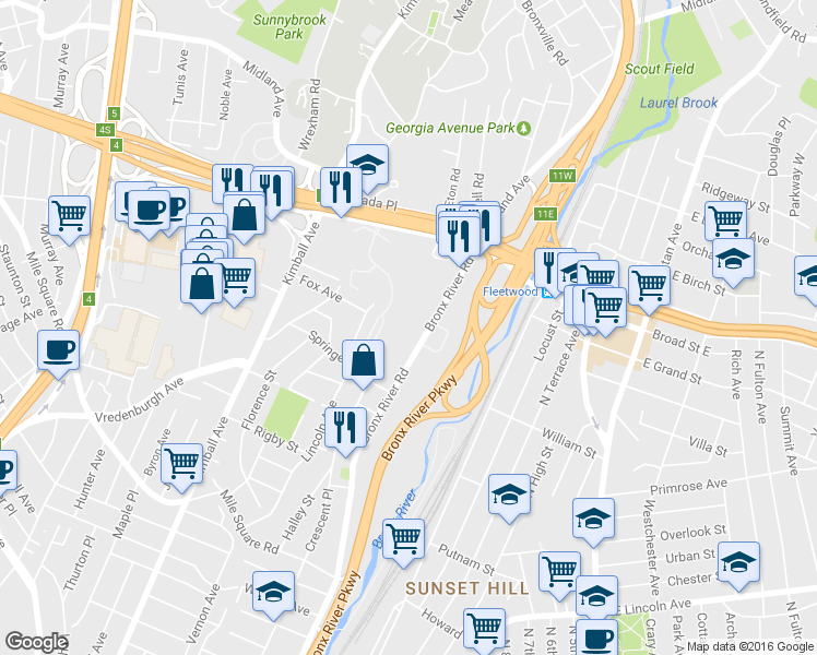 map of restaurants, bars, coffee shops, grocery stores, and more near 773 Bronx River Road in Yonkers