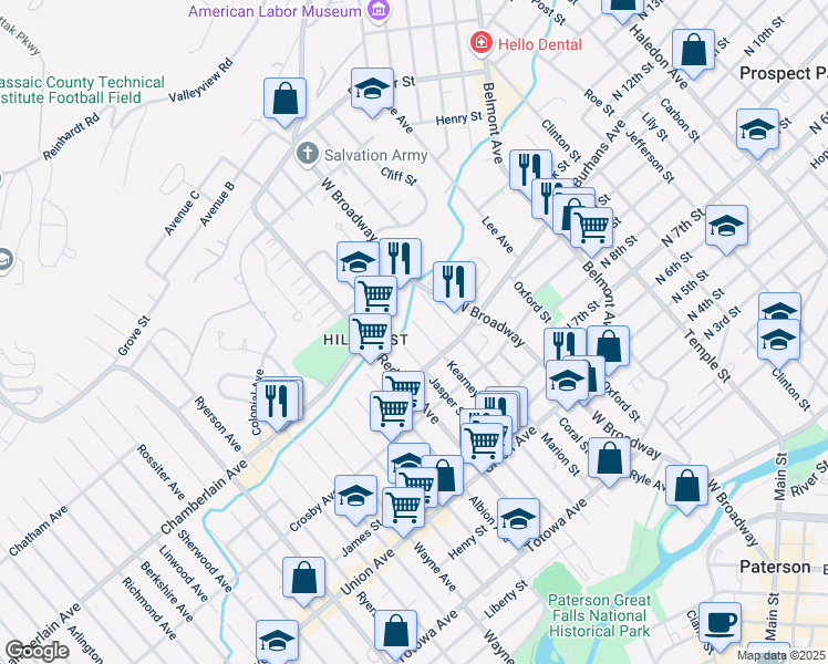 map of restaurants, bars, coffee shops, grocery stores, and more near 289 Kearney Street in Paterson