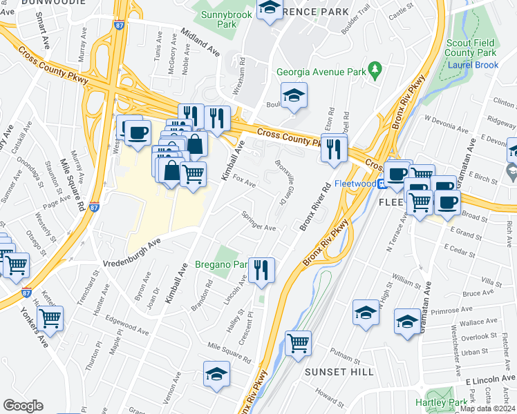 map of restaurants, bars, coffee shops, grocery stores, and more near 47 Paula Avenue in Yonkers