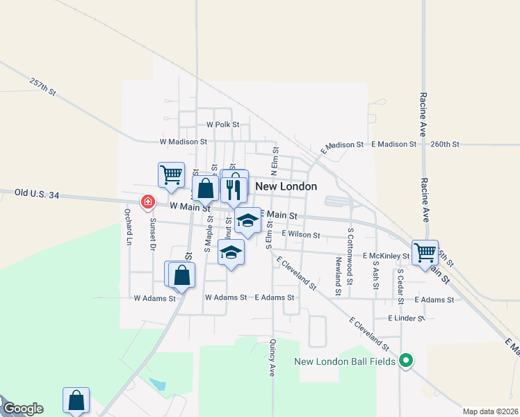 map of restaurants, bars, coffee shops, grocery stores, and more near 107 East Main Street in New London