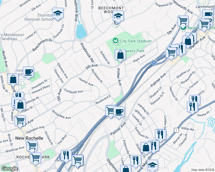 map of restaurants, bars, coffee shops, grocery stores, and more near 90 Rockland Place in New Rochelle
