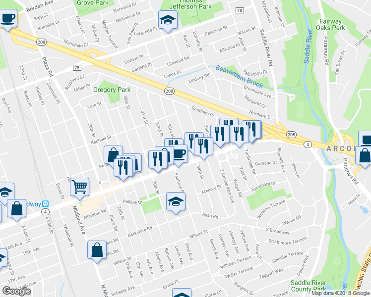 map of restaurants, bars, coffee shops, grocery stores, and more near 1-26 34th Street in Fair Lawn