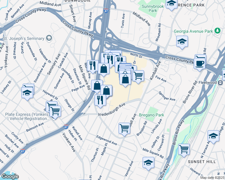 map of restaurants, bars, coffee shops, grocery stores, and more near 750 Central Park Avenue in Yonkers