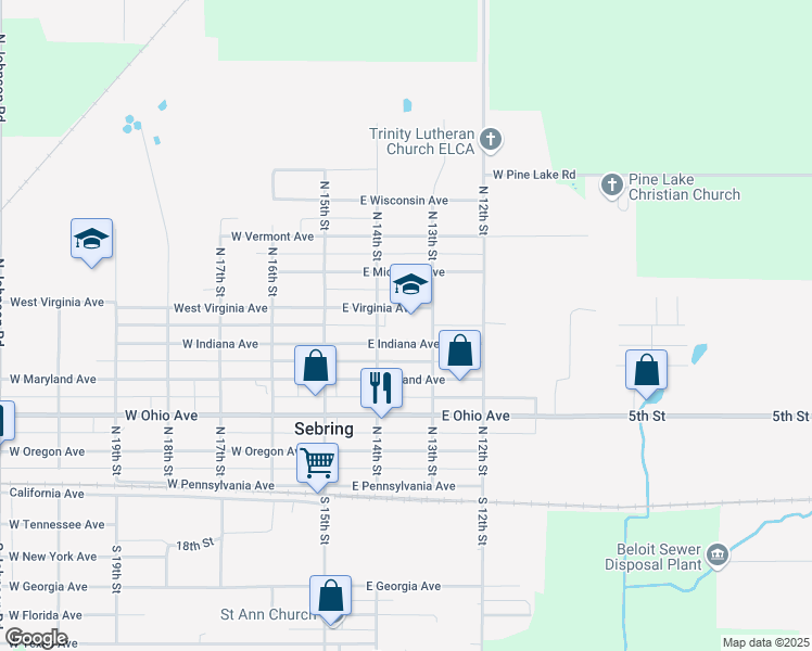 map of restaurants, bars, coffee shops, grocery stores, and more near 225 East Indiana Avenue in Sebring