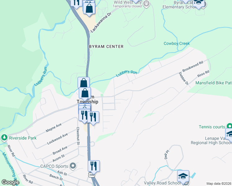 map of restaurants, bars, coffee shops, grocery stores, and more near 17 Brookwood Road in Stanhope